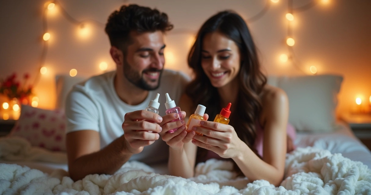 Casal segurando opções de lubrificantes íntimos 