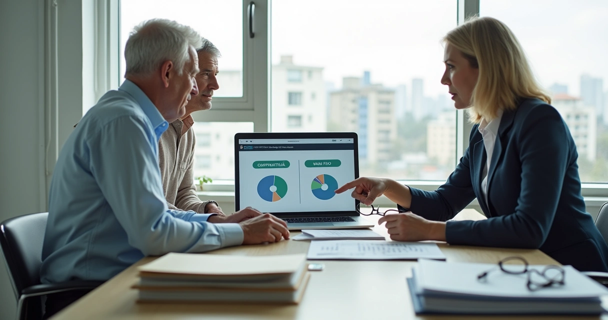 Casal maduro conversando com corretora sobre tipos de plano de saúde 
