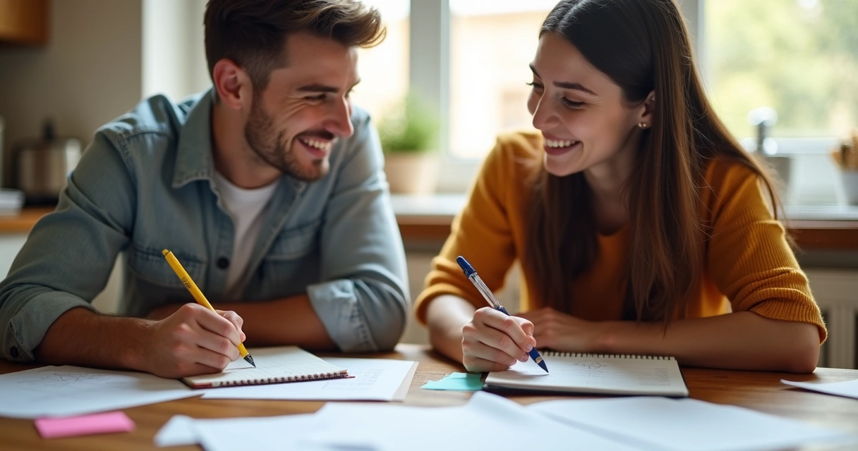 Casal escrevendo juntos em um caderno 