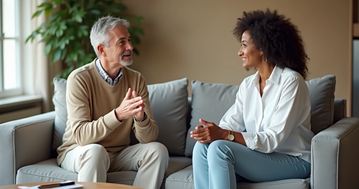 Casal conversando com escuta atenta em sala de estar aconchegante 