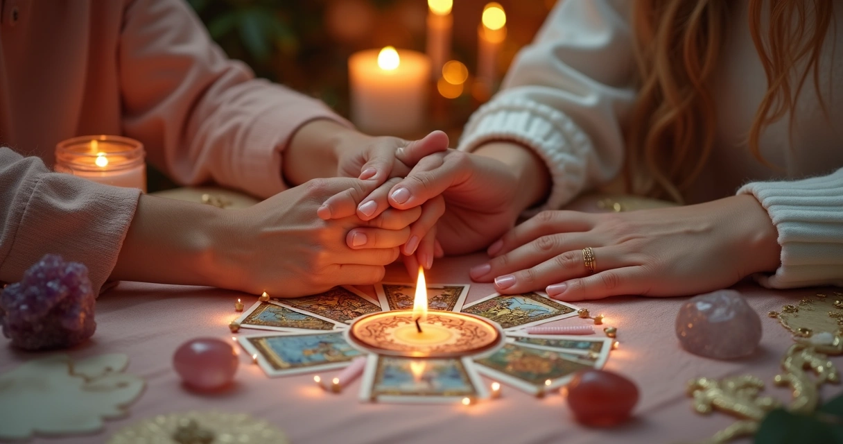 Casal sentado de mãos dadas em roda espiritual com cartas ao centro 