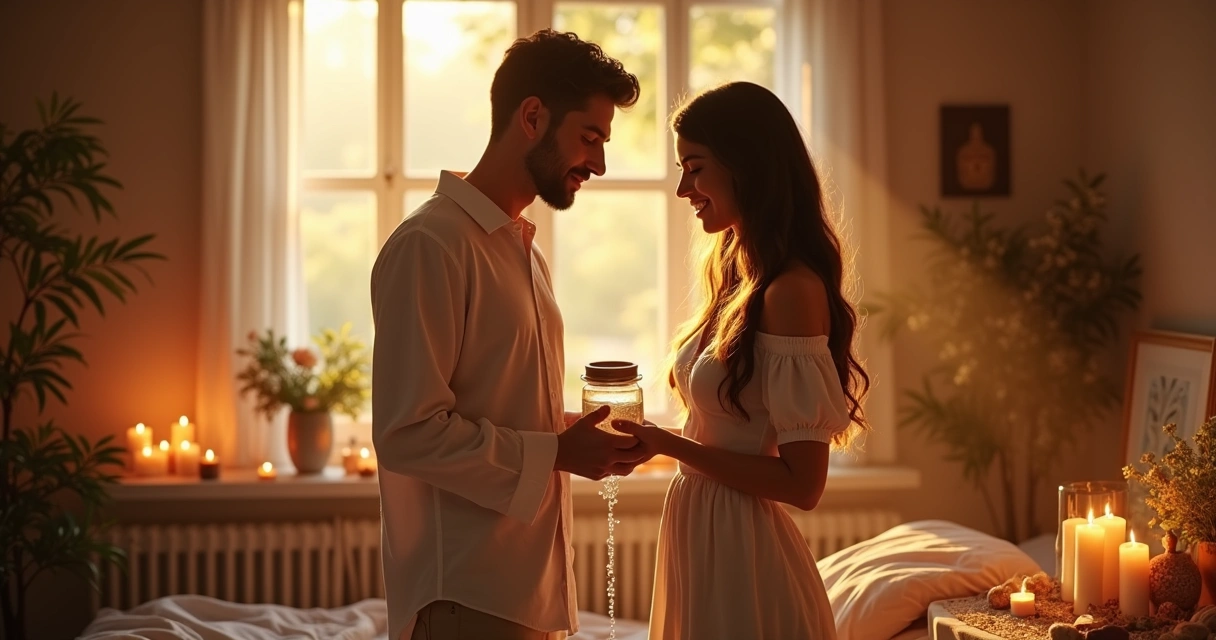 Casal realizando ritual espiritual de banho energético 
