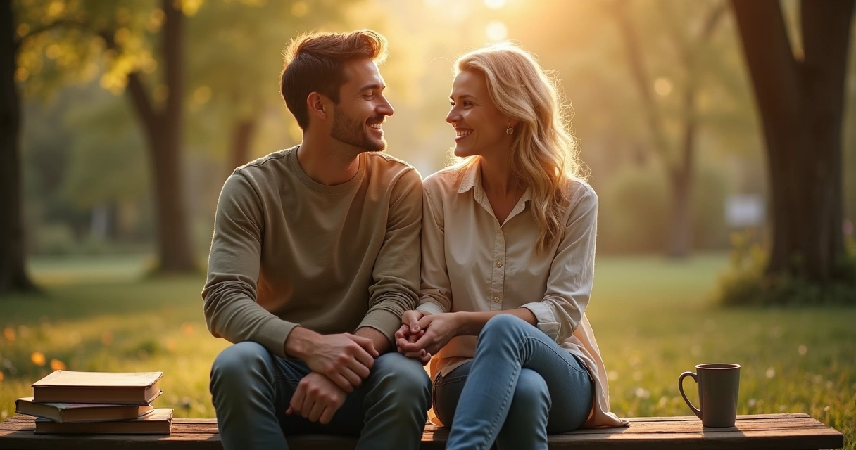 Casal sorrindo, sentados juntos refletindo sobre sua relação 