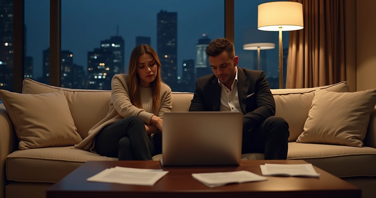 Casal sentado em sofá elegante, aparência cansada e distante, ambiente moderno de sala à noite 