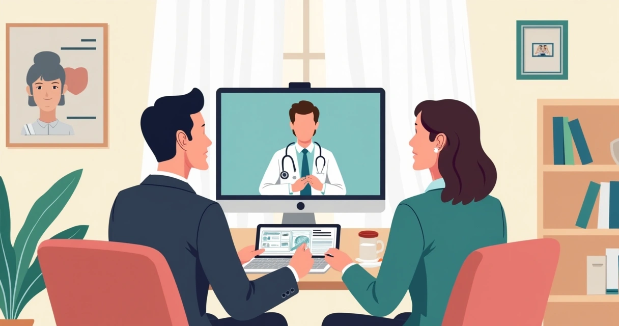 Casal de executivos consultando laudo e conversando com médico por vídeo chamada 