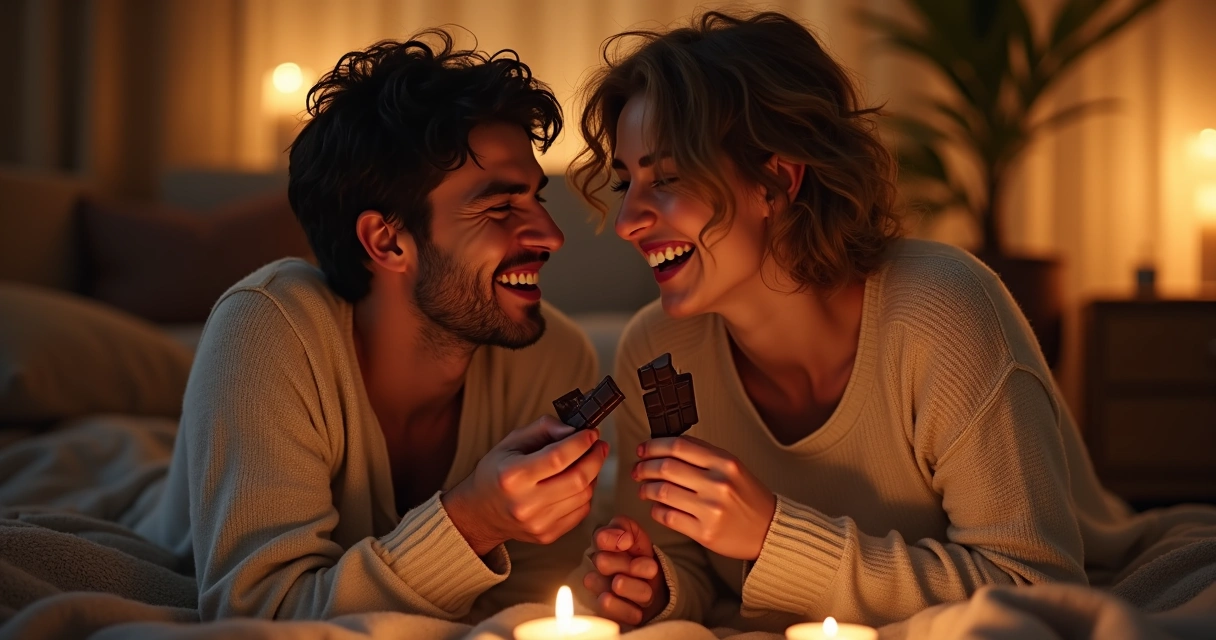 Casal sorrindo, experimentando juntos novos chocolates afrodisíacos