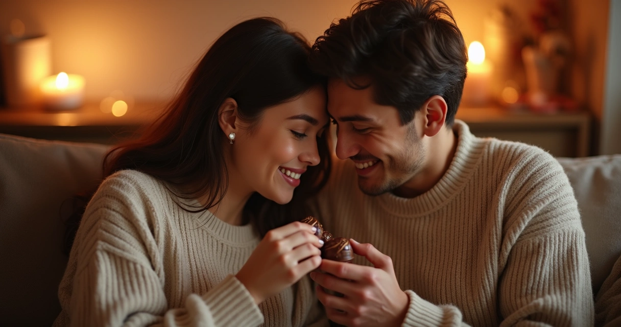 Casal aproveitando experiência sensorial com chocolates e aromas suaves 