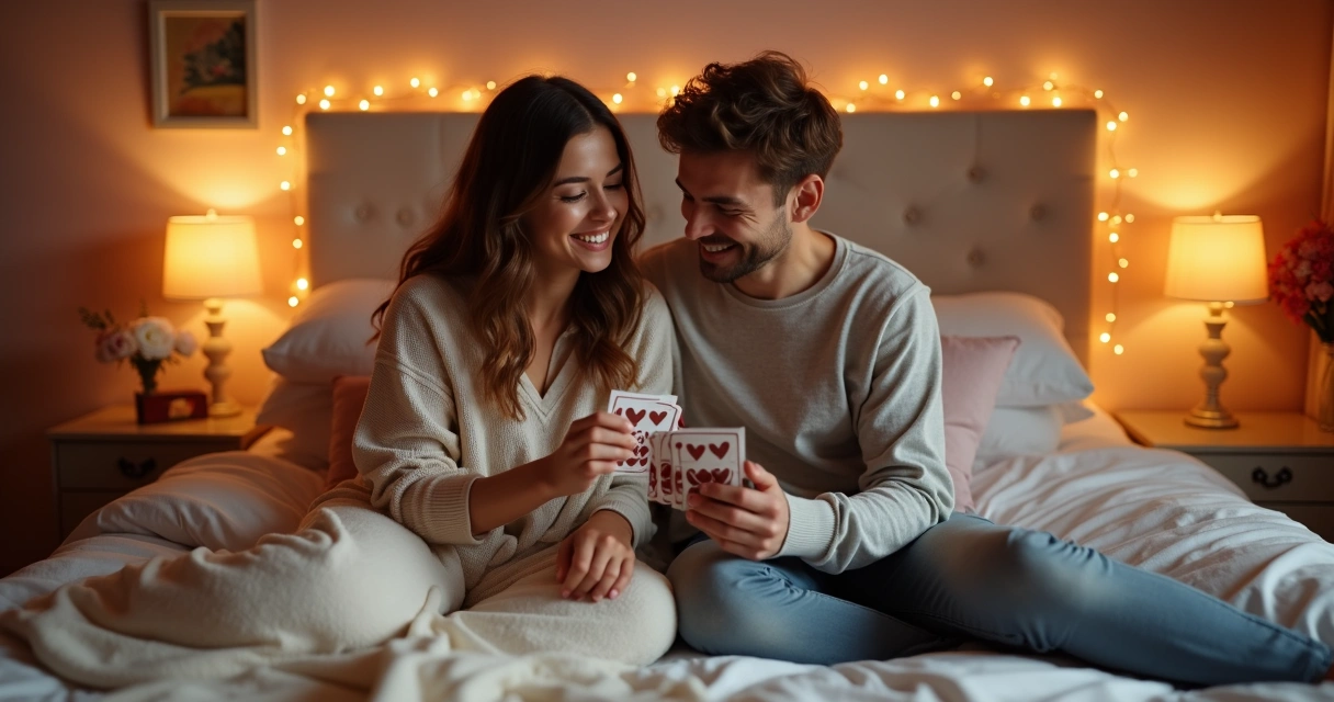 Casal compartilhando chocolates afrodisíacos e brincando com cartas sensuais 