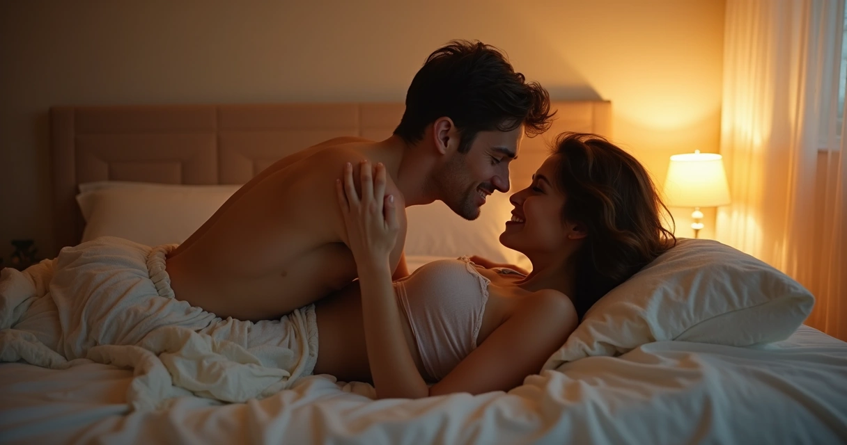 Casal experimentando diferentes posições sexuais juntos na cama 