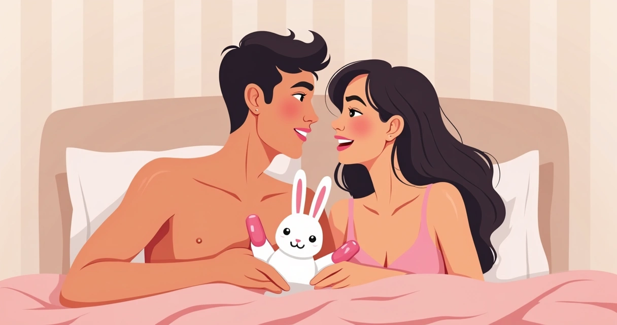 Casal trocando olhares cúmplices ao experimentar vibrador rabbit juntos. 