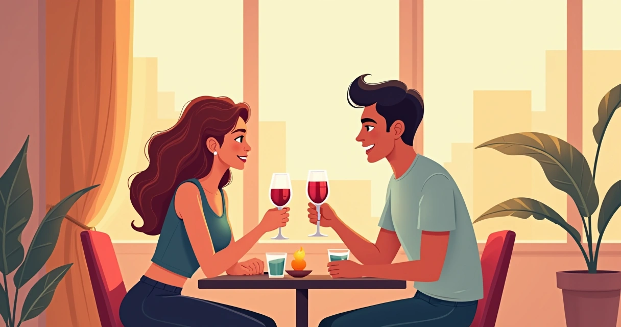 Casal sentado juntos explorando produtos sensuais em uma mesa com conforto e discrição 