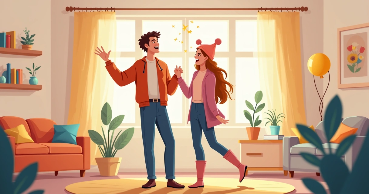 Casal vestido com roupas de fantasia, brincando em ambiente doméstico 