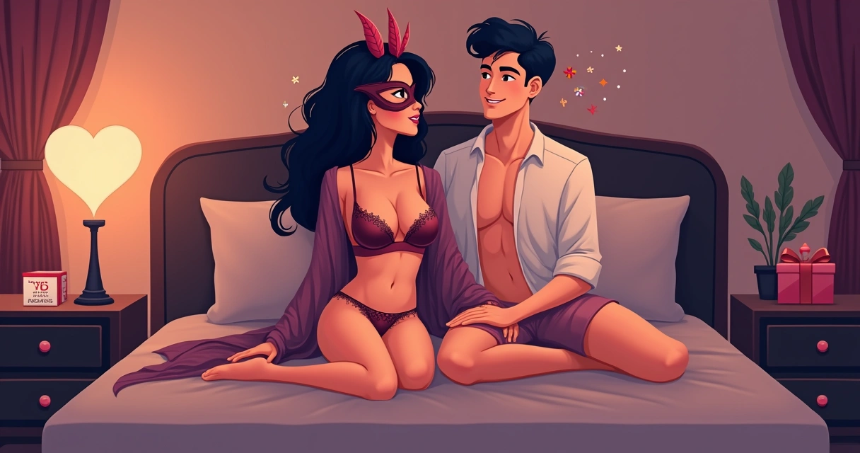Casal em fantasia erótica elegante sentado na cama em clima romântico 