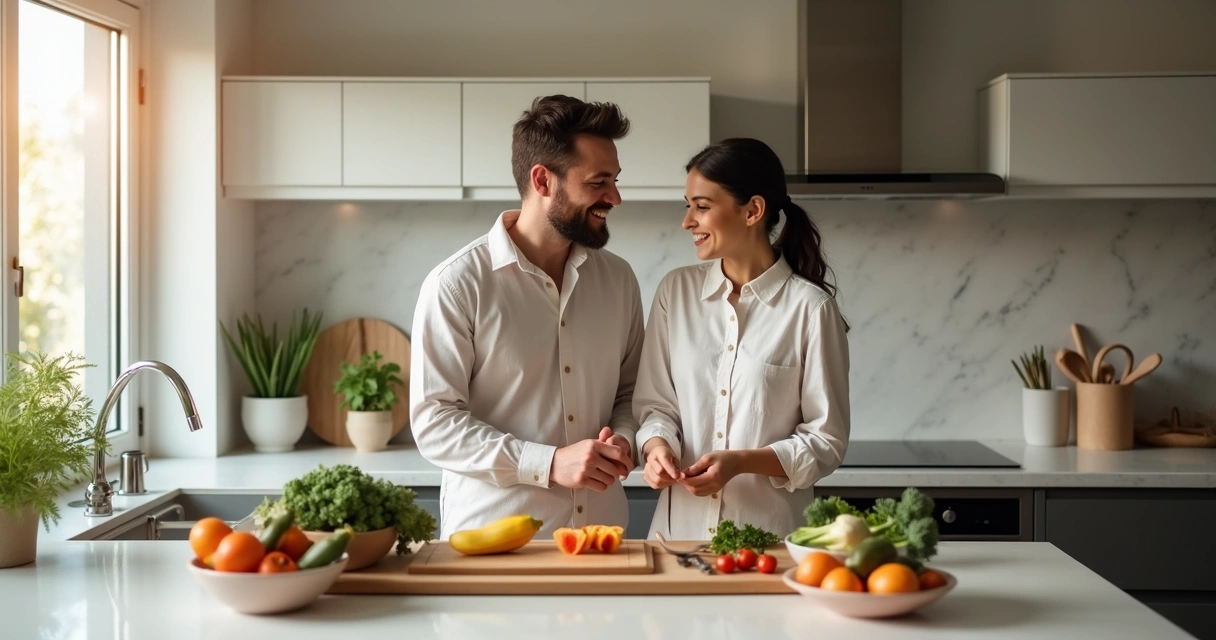 Casal cozinhando juntos na cozinha, sorrindo e interagindo 
