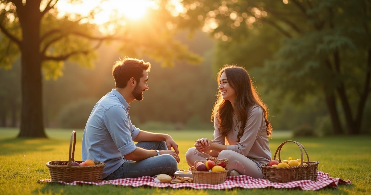 Casal sentado em toalha fazendo piquenique no parque ao pôr do sol