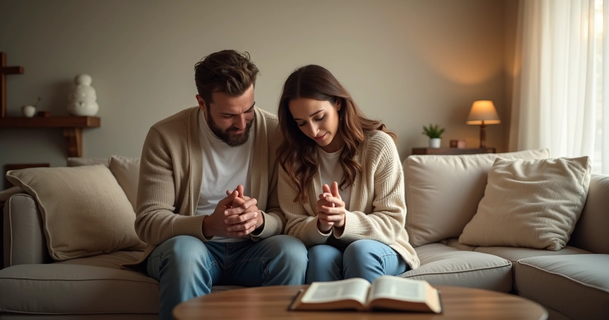 Casal de mãos dadas em oração em ambiente acolhedor