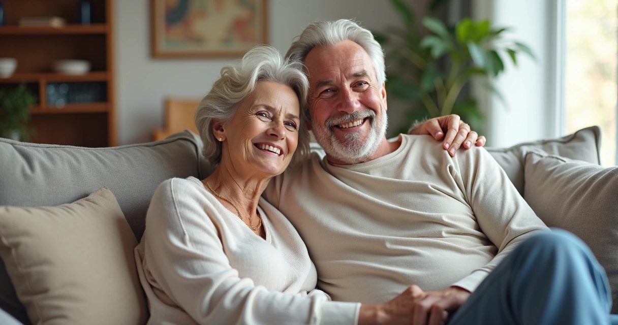 Casal maduro sorridente sentado juntos no sofá, homem aparentando confiança após cirurgia 