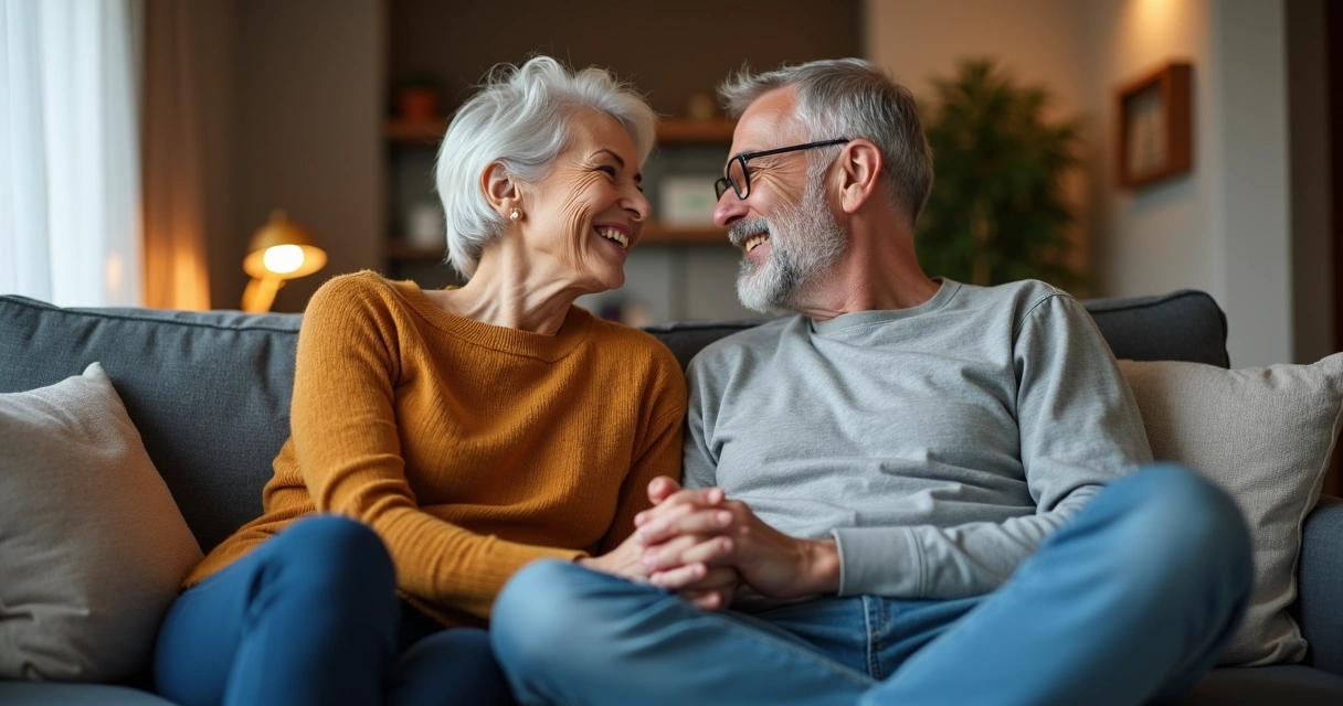 Casal sorrindo em casa representando satisfação após prótese peniana 