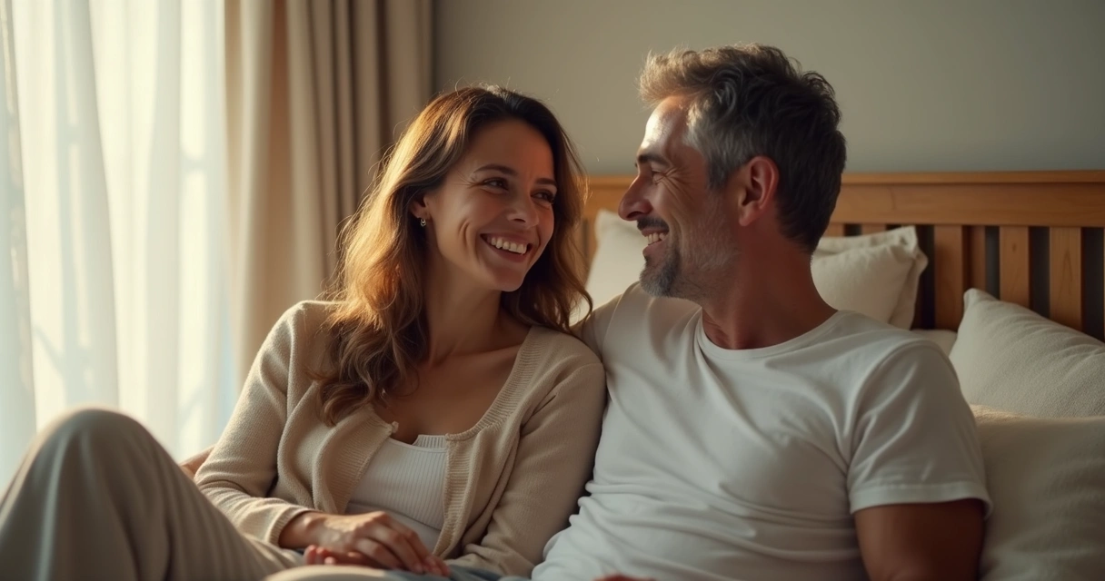 Casal de meia-idade sorrindo e conversando sentados na cama