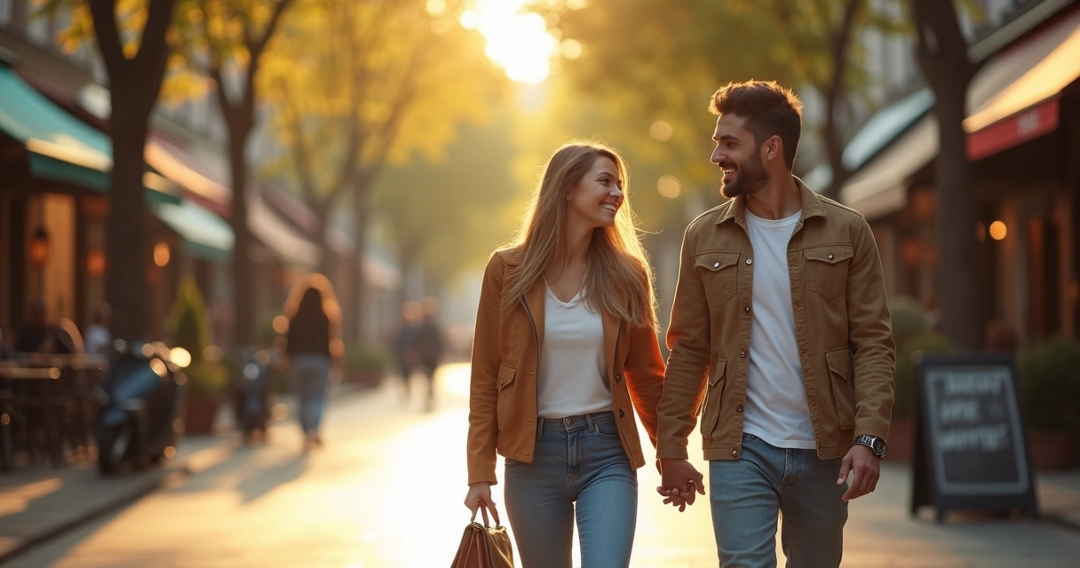 Casal caminhando de mãos dadas, sorriso confiante 