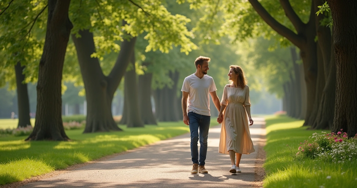 Casal feliz andando de mãos dadas em parque verde 