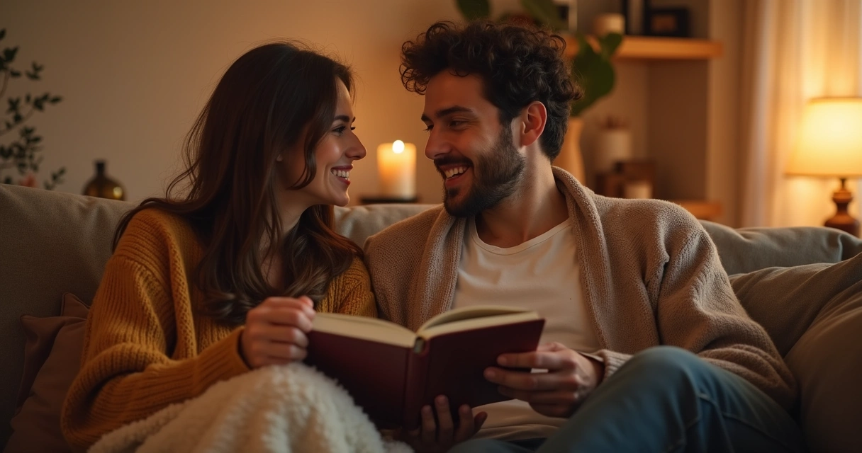 Casal sorrindo recordando momentos juntos em sofá