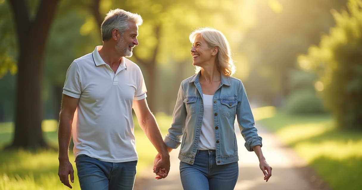 Homem e mulher de mãos dadas caminhando tranquilos ao ar livre. 