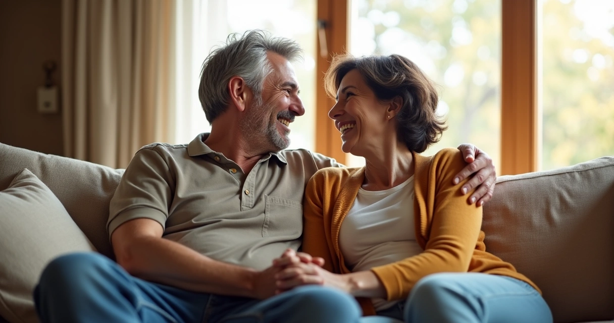 Casal de meia idade sorrindo de mãos dadas, sentados juntos em ambiente acolhedor