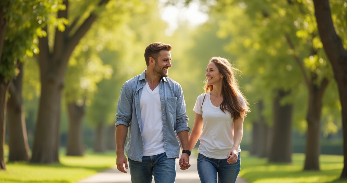 Casal sorridente caminhando ao ar livre, homem em destaque de mãos dadas com a parceira 