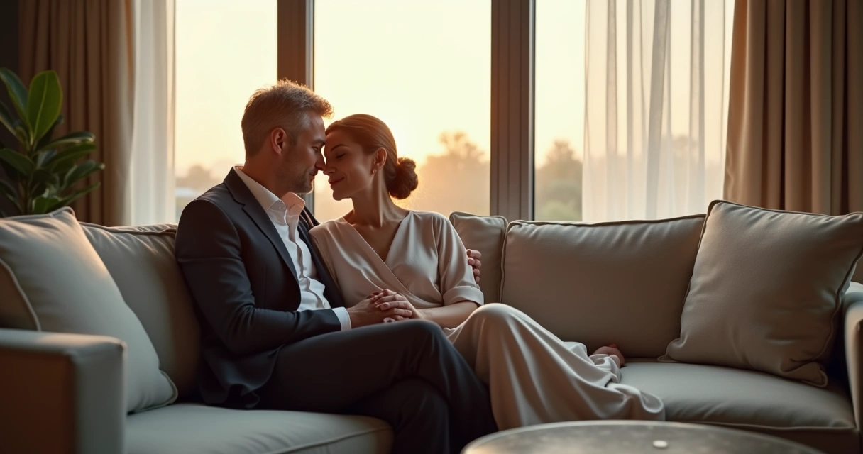 Casal elegante de negócios em ambiente doméstico moderno durante momento íntimo com atmosfera de luxo 