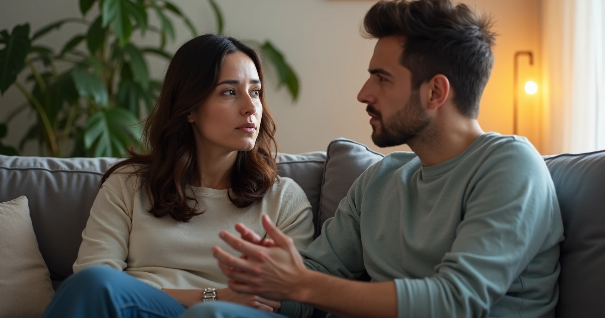 Casal conversando seriamente sentados no sofá