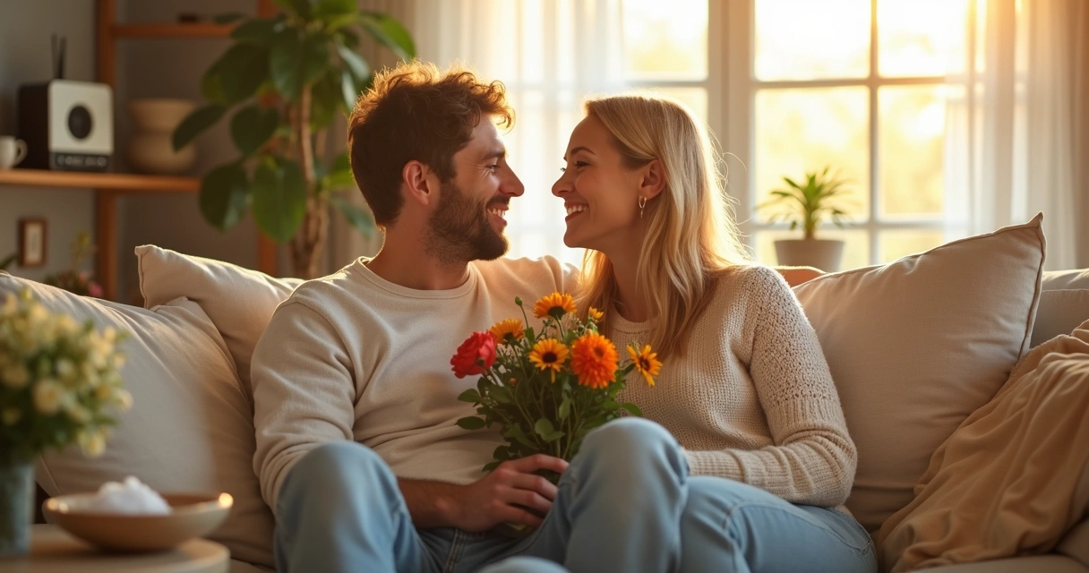 Casal sorrindo segurando flores e ouvindo música suave em sala clara 