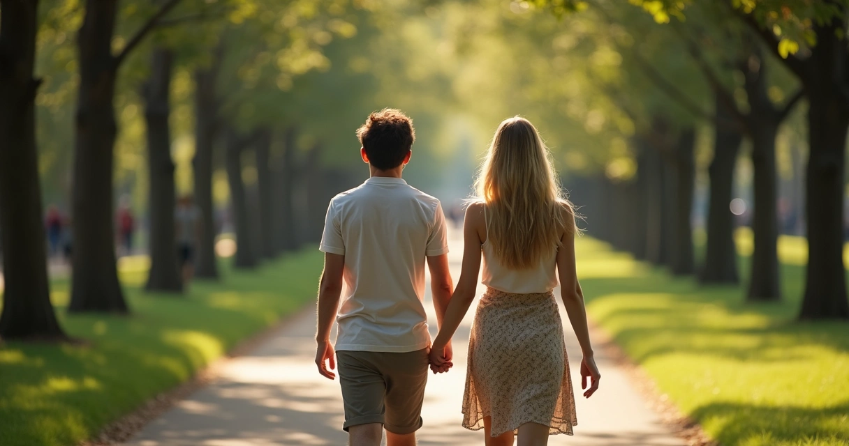 Casal caminhando juntos em parque arborizado