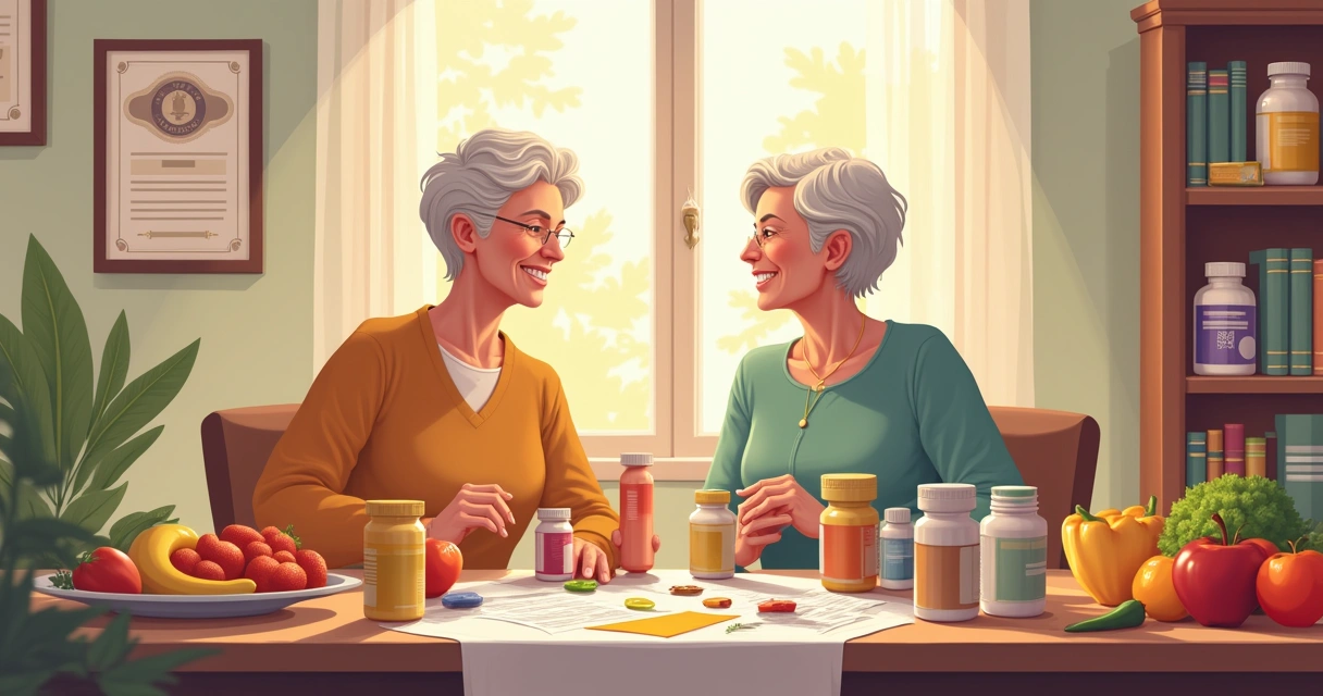 Casal idoso escolhendo suplementos em uma mesa aconchegante com frutas e guias nutricionais.