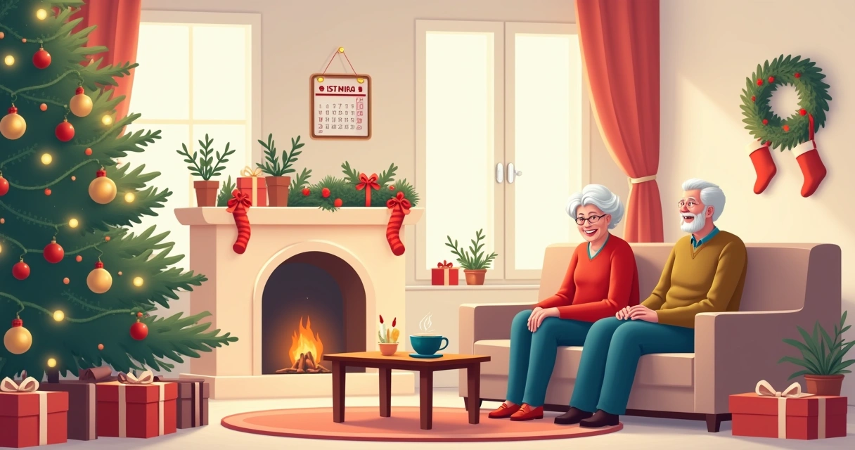Casal idoso discutindo planos de Natal em sala decorada com árvore e presentes, enfatizando o 13° salário.