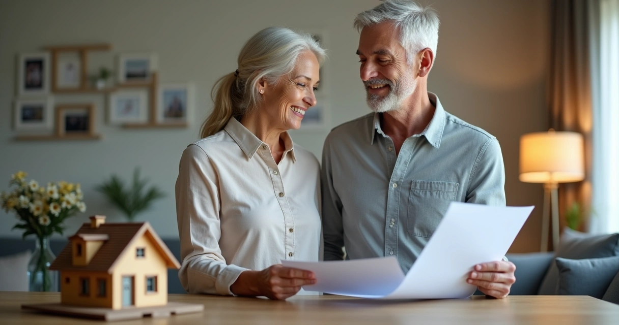 Casal de idosos segurando papéis de imóveis