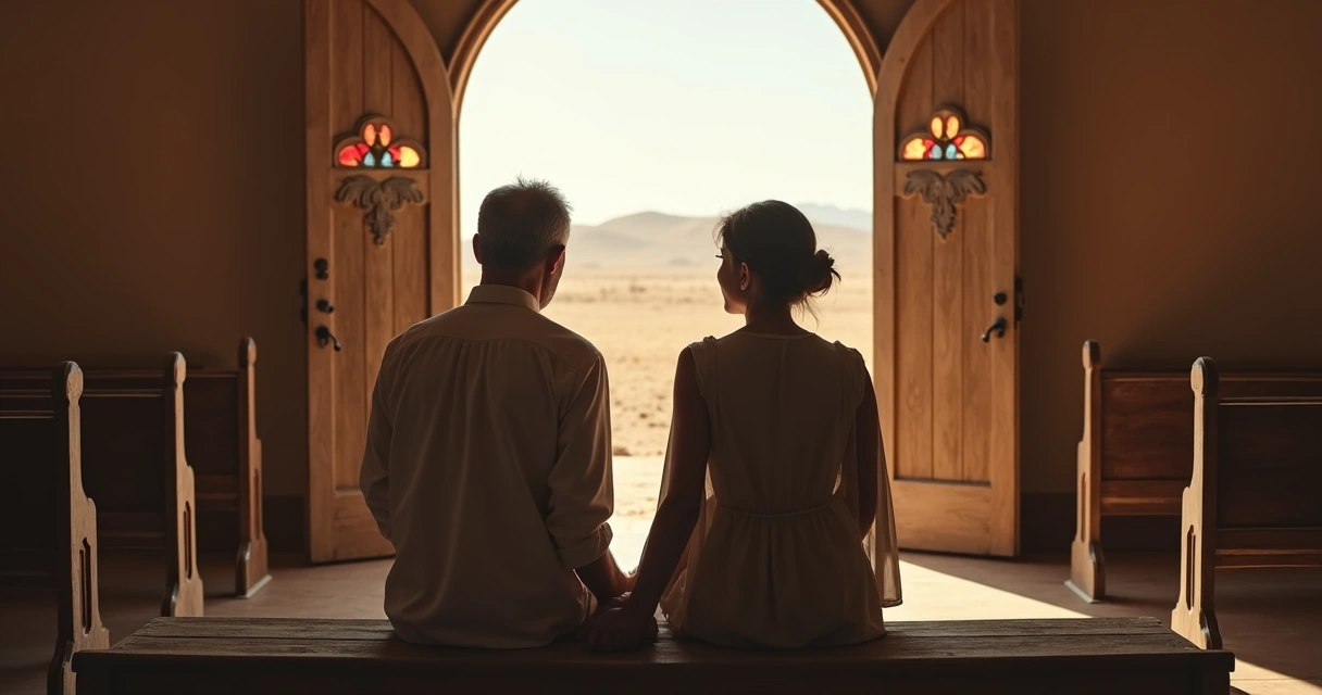 Casal sentado em banco de igreja, de mãos dadas, cenário deserto, semblante de espera, tons quentes 