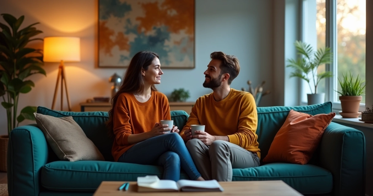 Casal sentado em sofá colorido com linhas conectando emoções ao redor 