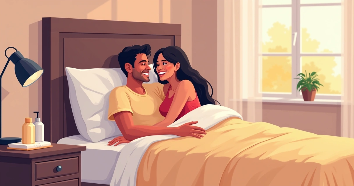 Casal sorridente deitado abraçado na cama 