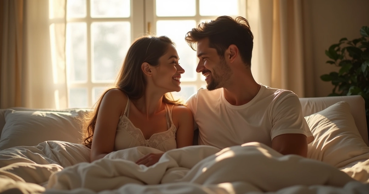 Casal sorrindo com intimidade, sentados juntos em uma cama confortável 