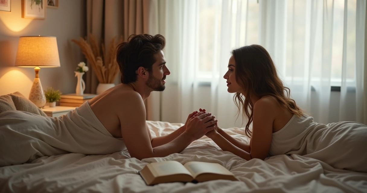 Casal deitado na cama conversando de mãos dadas em clima íntimo e respeitoso 
