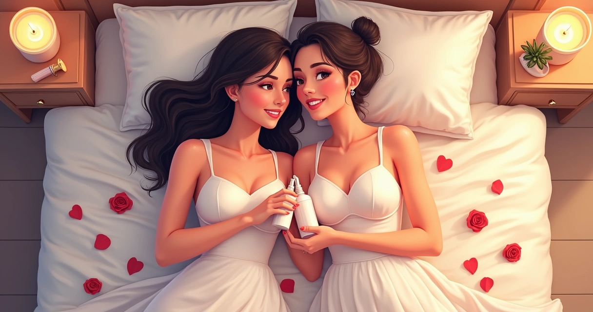 Casal sorrindo com produtos sensuais na cama 