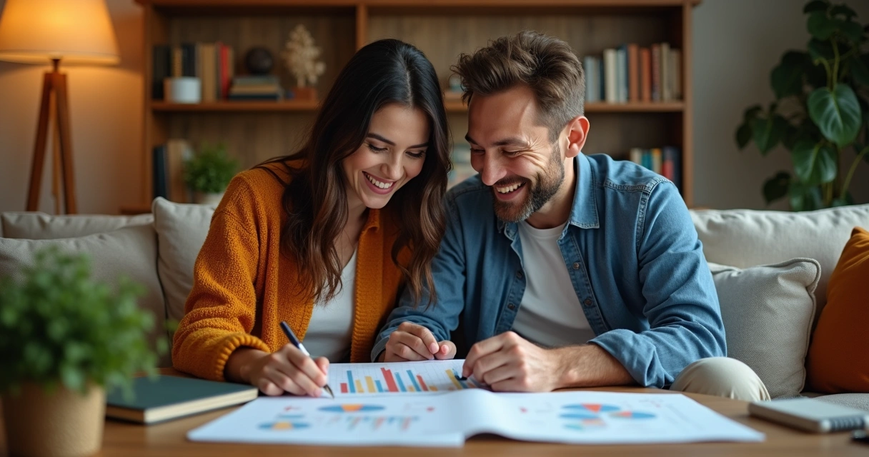 Casal sorridente estudando gráficos de investimento juntos em casa 