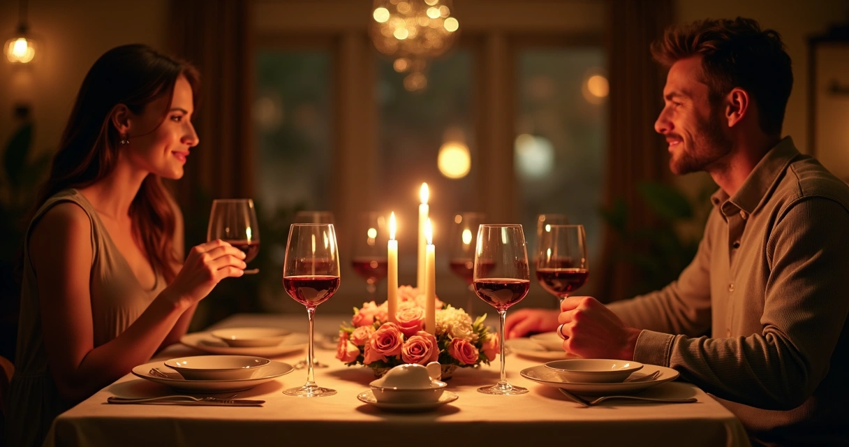 Casal jantando à luz de velas em ambiente romântico