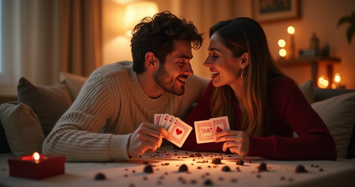 Casal rindo jogando cartas com corações numa sala iluminada