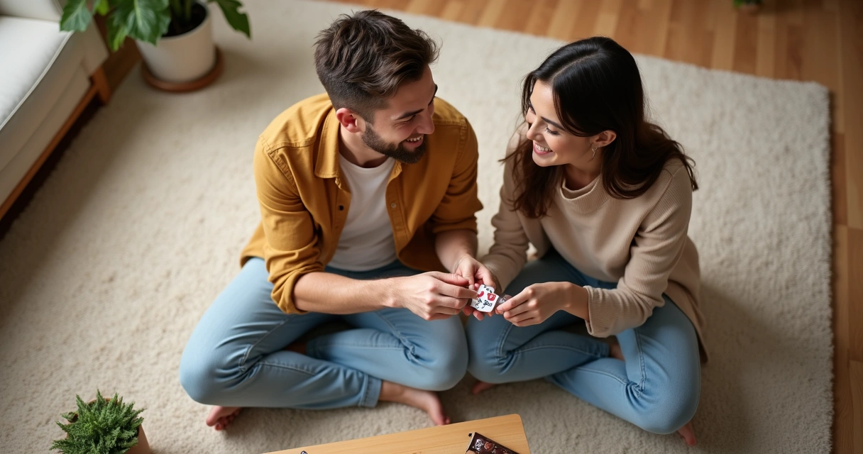Casal sorrindo jogando cartas de perguntas românticas na sala 