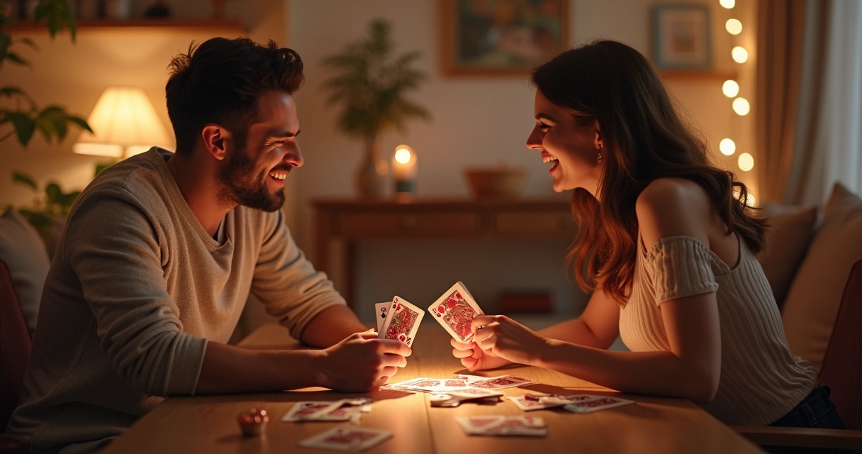 Casal sorridente jogando cartas em clima romântico 