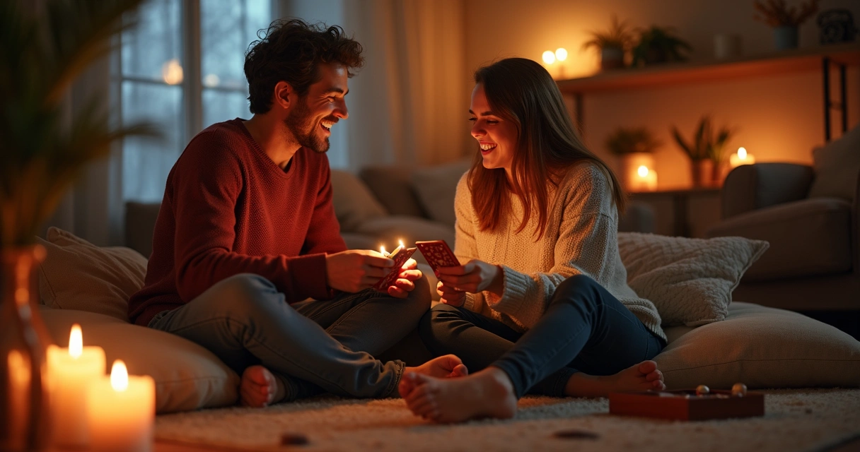 Casal sentado no chão ao lado de almofadas jogando juntos à luz de velas