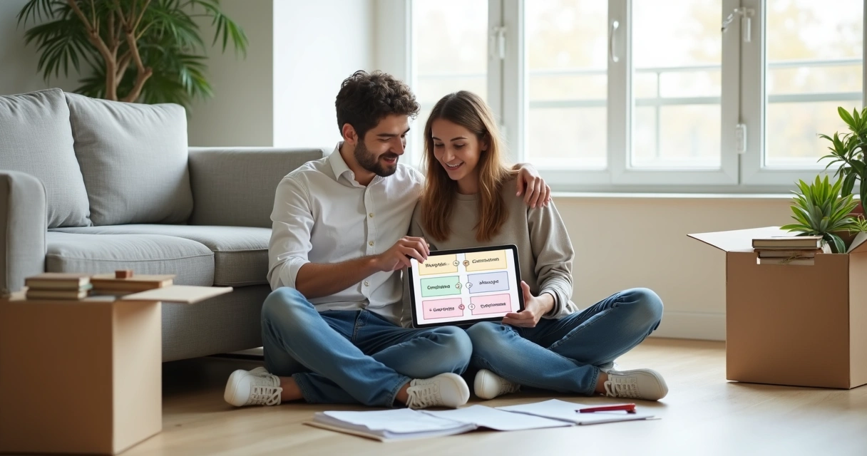 Casal jovem sentados no sofá comparando opções de garantia locatícia em tablet 