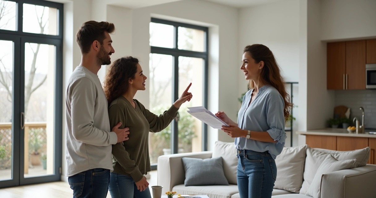 Casal jovem avaliando apartamento com corretor sorridente 